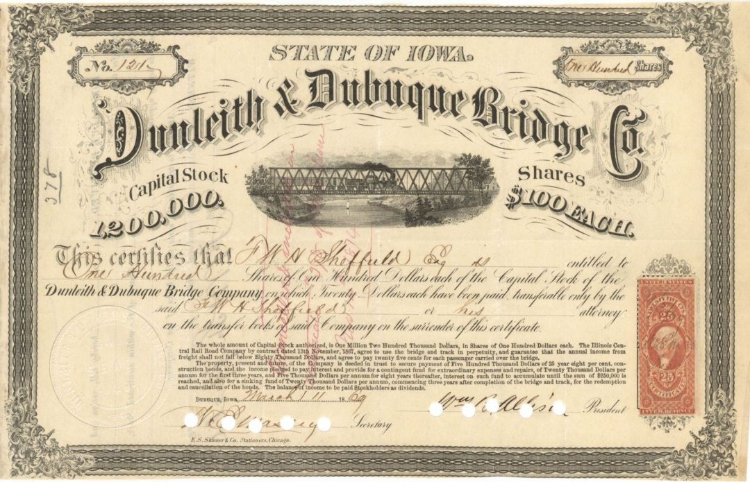 Dunleith and Dubuque Bridge Co. - 1868-1874 dated Stock Certificate