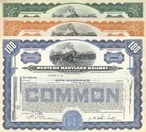 Set of 3 Different Colors of Western Maryland Railway - Three Railroad Stock Certificates