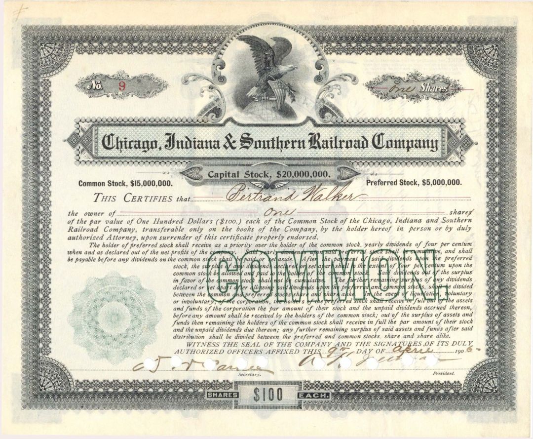 Chicago, Indiana and Southern Railroad Co. - 1906 dated Stock Certificate