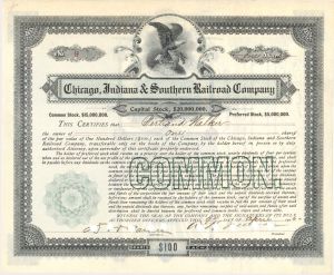 Chicago, Indiana and Southern Railroad Co. - 1906 dated Stock Certificate