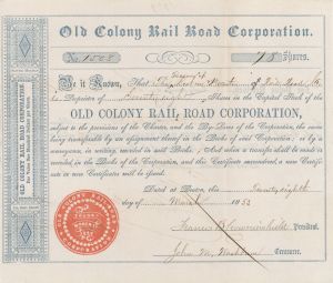 Old Colony Rail Road Corp. - 1851 or 1853 dated Stock Certificate