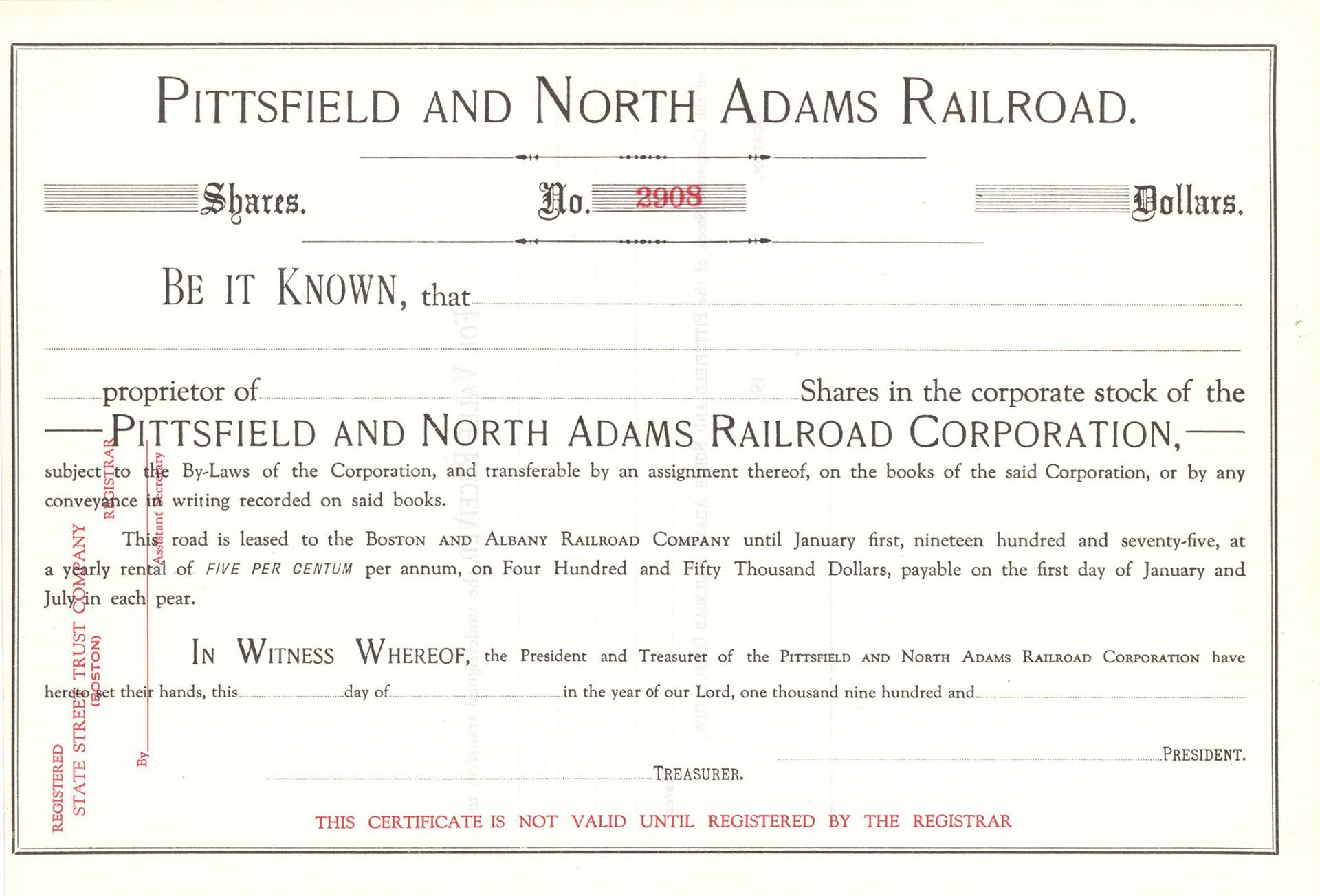 Pittsfield and North Adams Railroad - Unissued Railway Stock Certificate