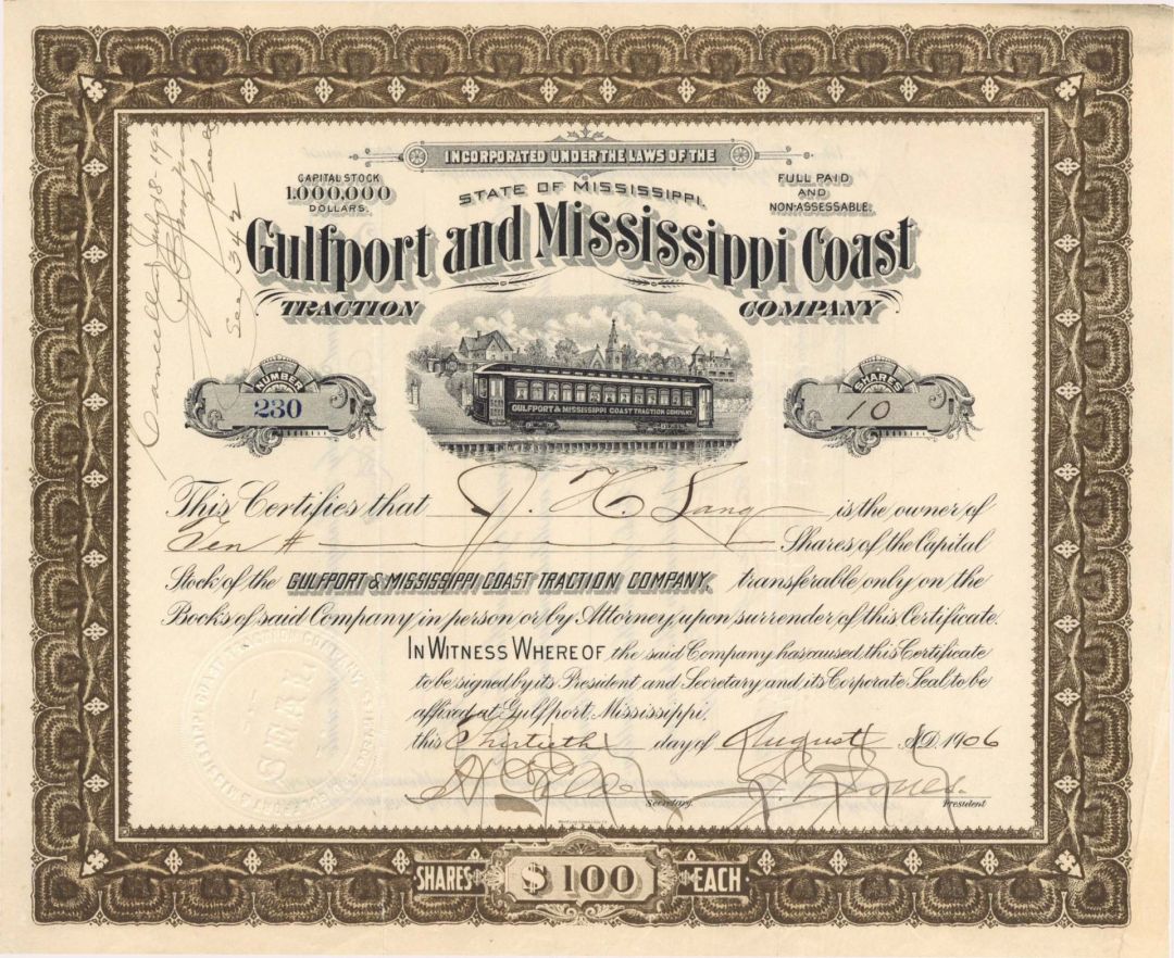 Gulfport and Mississippi Coast Traction Co - 1906 dated Railroad Stock Certificate