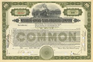 Missouri-Kansas-Texas Railroad Co. - 1920's-30's dated Railway Stock Certificate