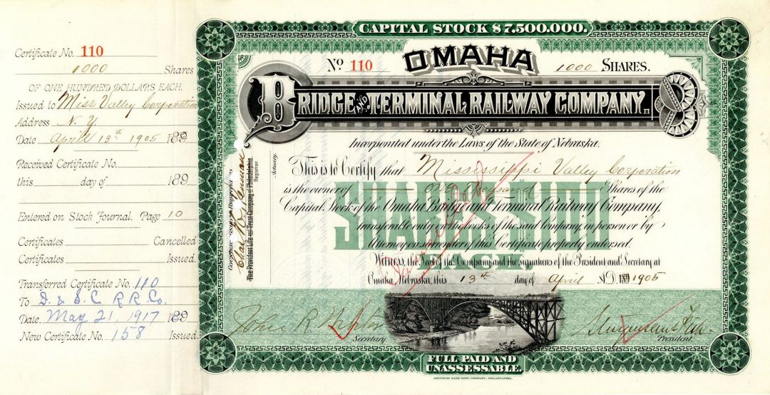Omaha Bridge and Terminal Railway Co. - Stock Certificate