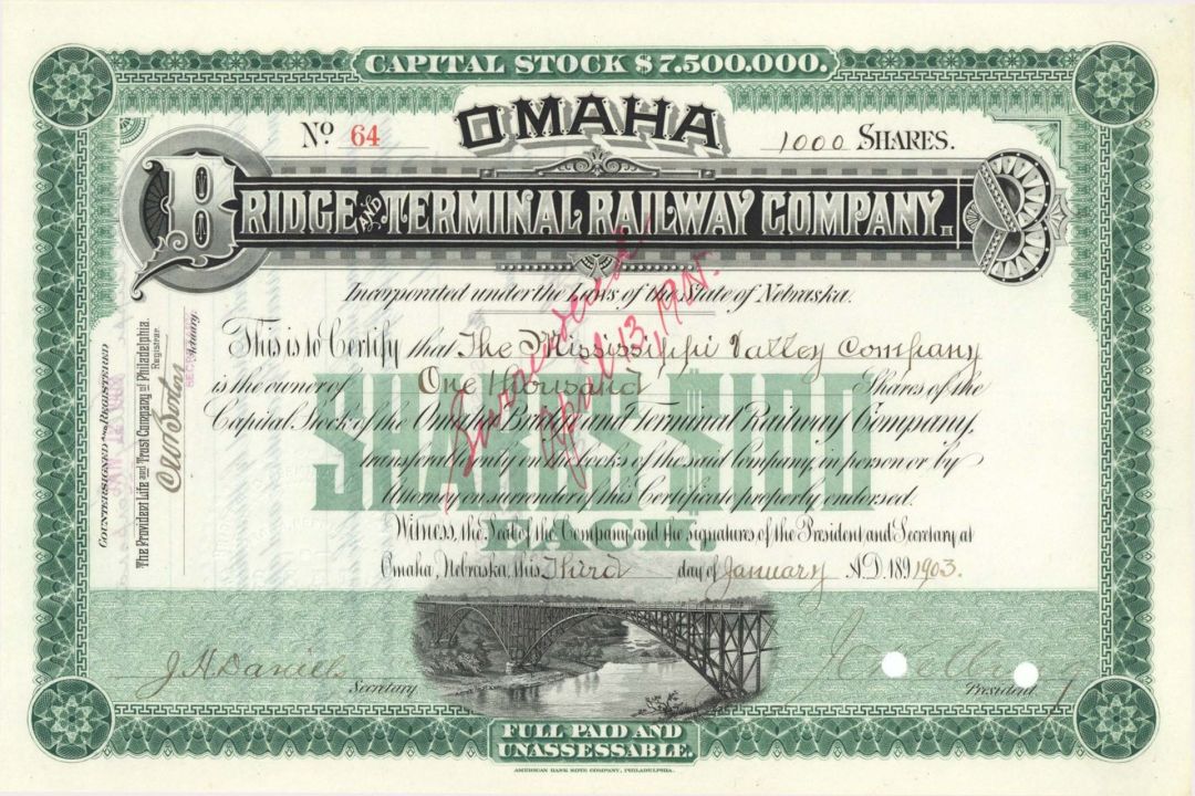 Omaha Bridge and Terminal Railway Co. - 1903 dated Stock Certificate