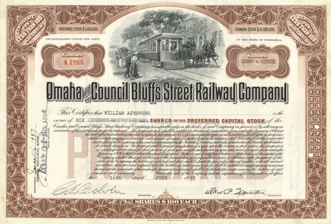Omaha and Council Bluffs Street Railway Co. - Railroad and Bridge Stock Certificate
