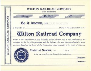 Wilton Railroad - 1880's circa Unissued New Hampshire Railway Stock Certificate