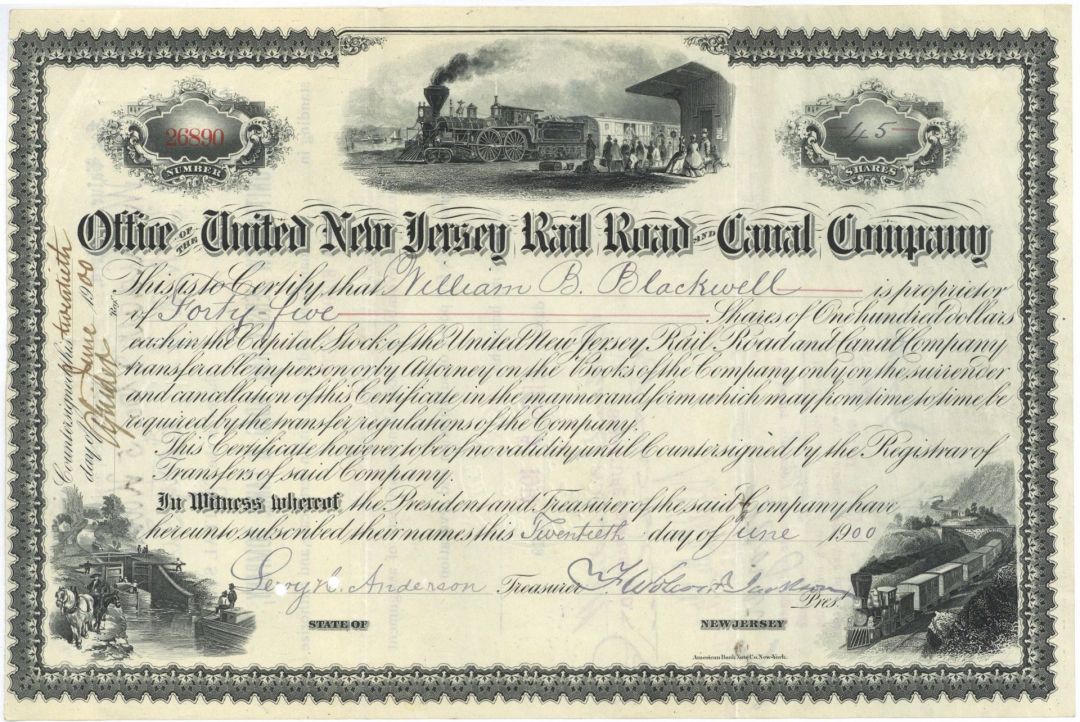 Office of the United New Jersey Railroad and Canal Co. - 1870's-1900's dated Railway Stock Certificate