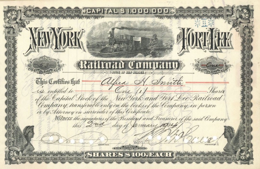 New York and Fort Lee Railroad Co. - Railway Stock Certificate