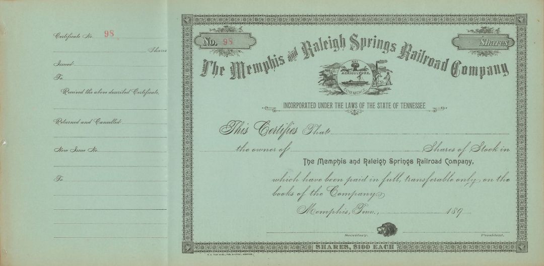 Memphis and Raleigh Springs Railroad Co. - Stock Certificate