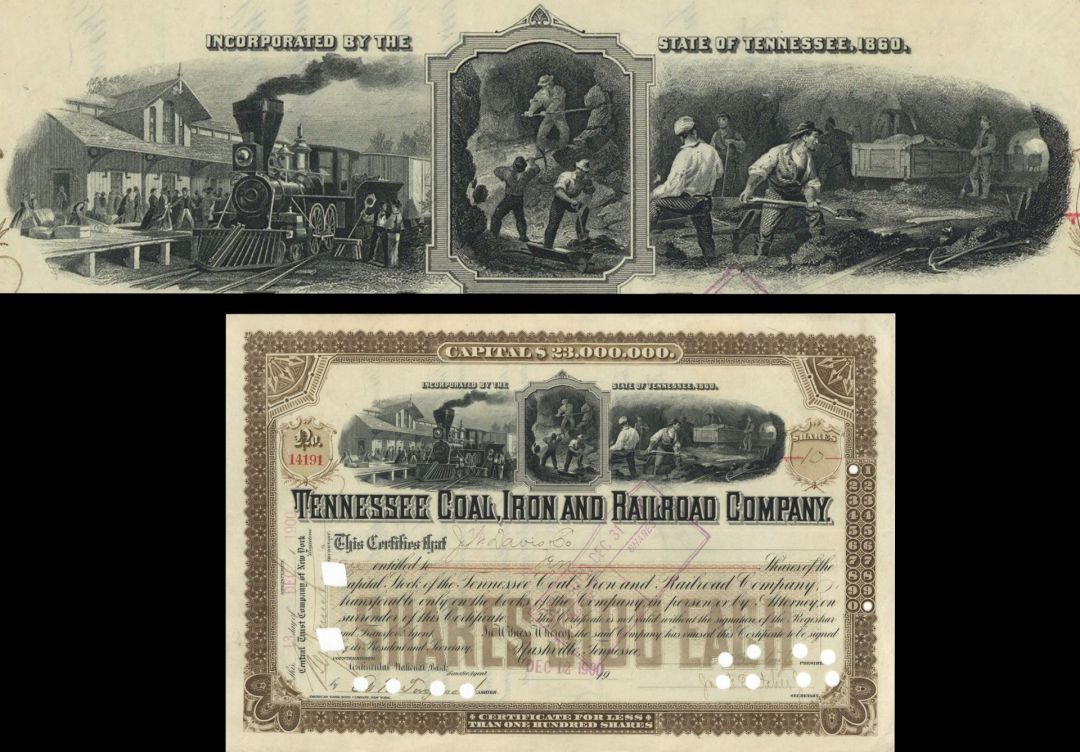 Tennessee Coal, Iron and Railroad Co. - 1898-1900 dated Railway Stock Certificate