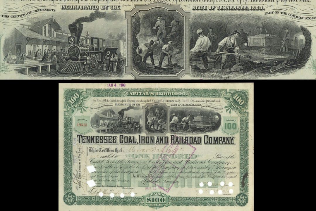 Tennessee Coal, Iron and Railroad Co. - 1898-1900 dated Railway Stock Certificate
