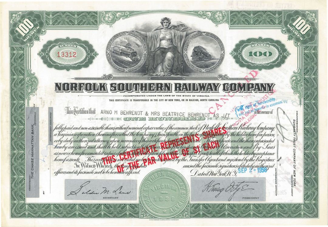 Norfolk Southern Railway Co. - 1956-1962 dated Railroad Stock Certificate