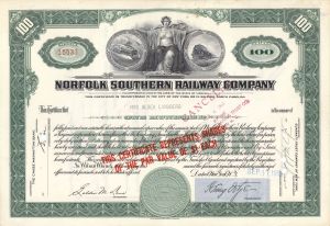Norfolk Southern Railway Co. - 1956-1962 dated Stock Certificate