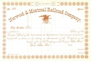 Norwood and Montreal Railroad - Unissued Canadian Railway Stock Certificate