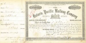 Ontario Pacific Railway Co. - 1880's-1890's dated Railroad Stock Certificate