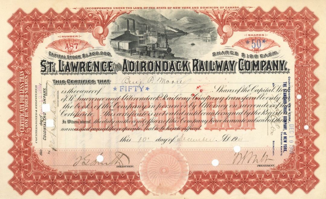 St. Lawrence and Adirondack Railway Co. - Stock Certificate