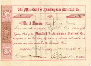 Mansfield and Framingham Railroad Co. - Stock Certificate