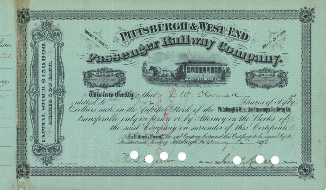 Pittsburgh and West End Passenger Railway Co. - 1891 dated Stock Certificate