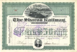 Sharon Railway - 1901-1927 dated Railroad Stock Certificate - Sharon Railroad Operated from 1873 to 1953