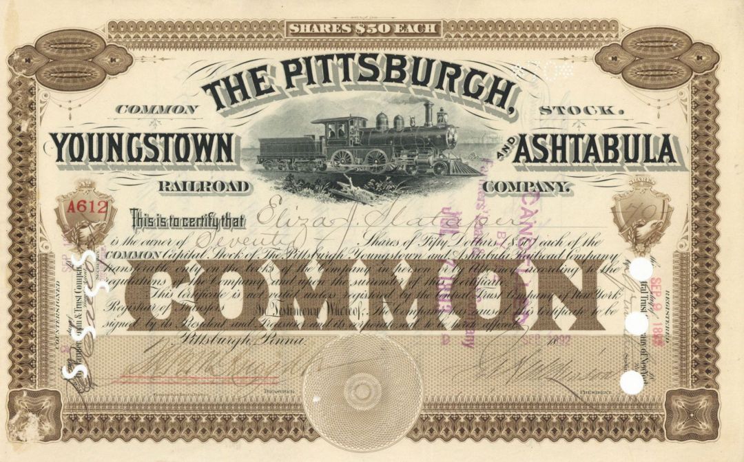 Pittsburgh, Youngstown and Ashtabula Railroad Co. - Stock Certificate