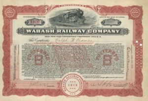 Wabash Railway Co. - Indiana Railroad Stock Certificate (Uncanceled)