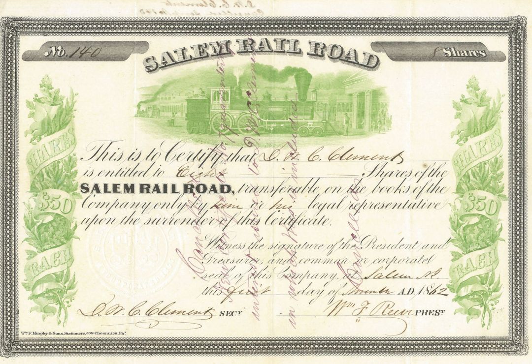Salem Railroad Stock Certificate