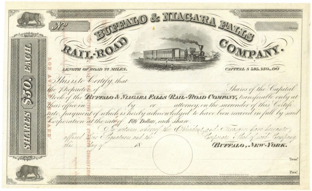 Buffalo and Niagara Falls Railroad - Unissued Railway Stock Certificate