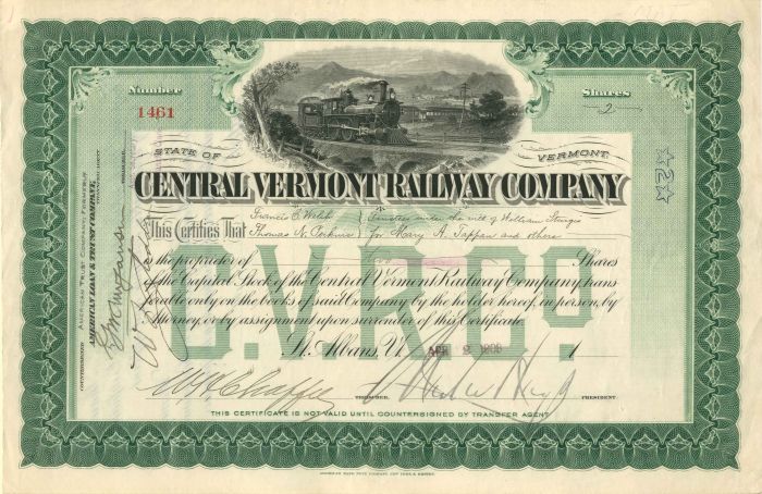 Central Vermont Railway Co. - Stock Certificate