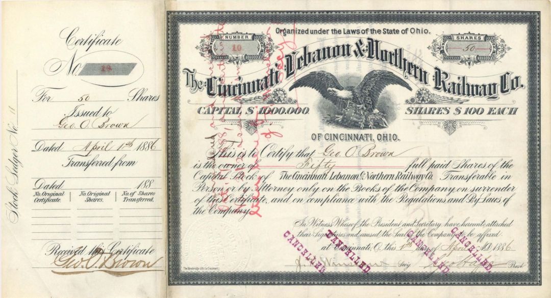 Cincinnati, Lebanon and Northern Railway Co. - 1886 dated Stock Certificate
