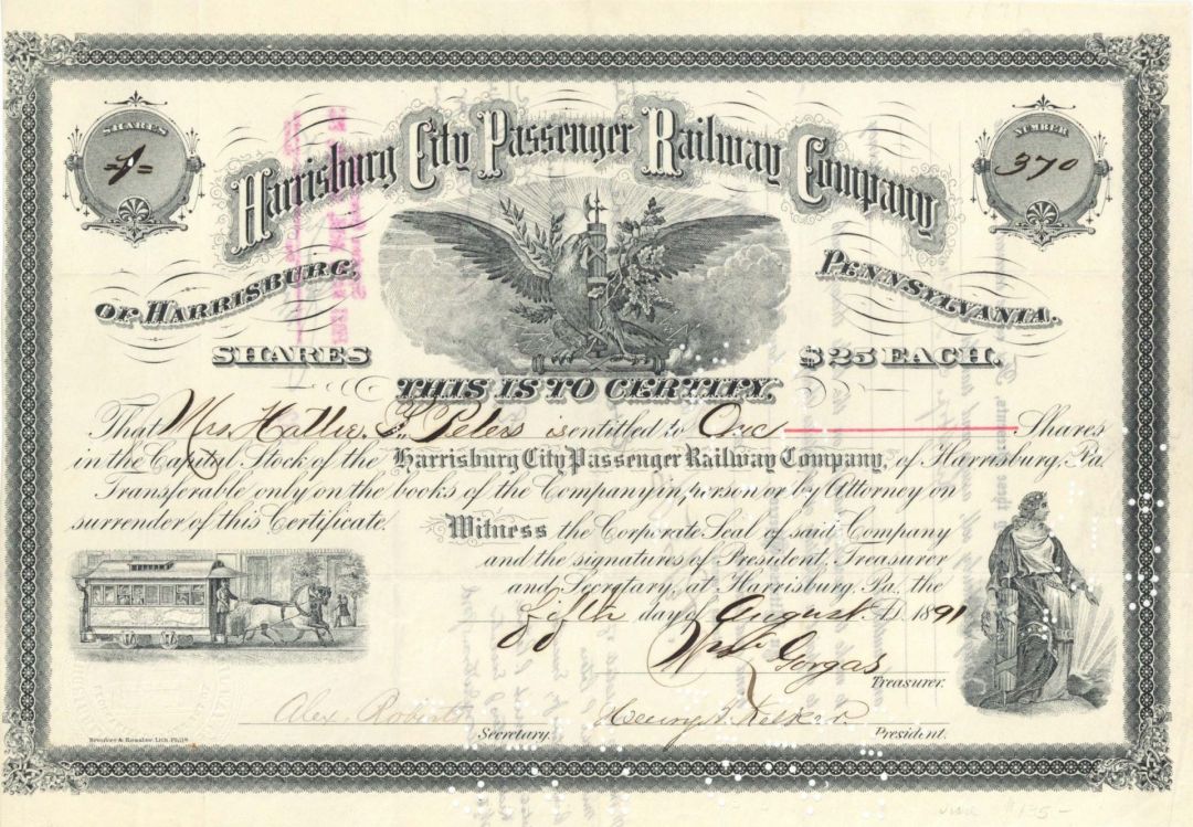 Harrisburg City Passenger Railway Co. - 1891 dated Stock Certificate