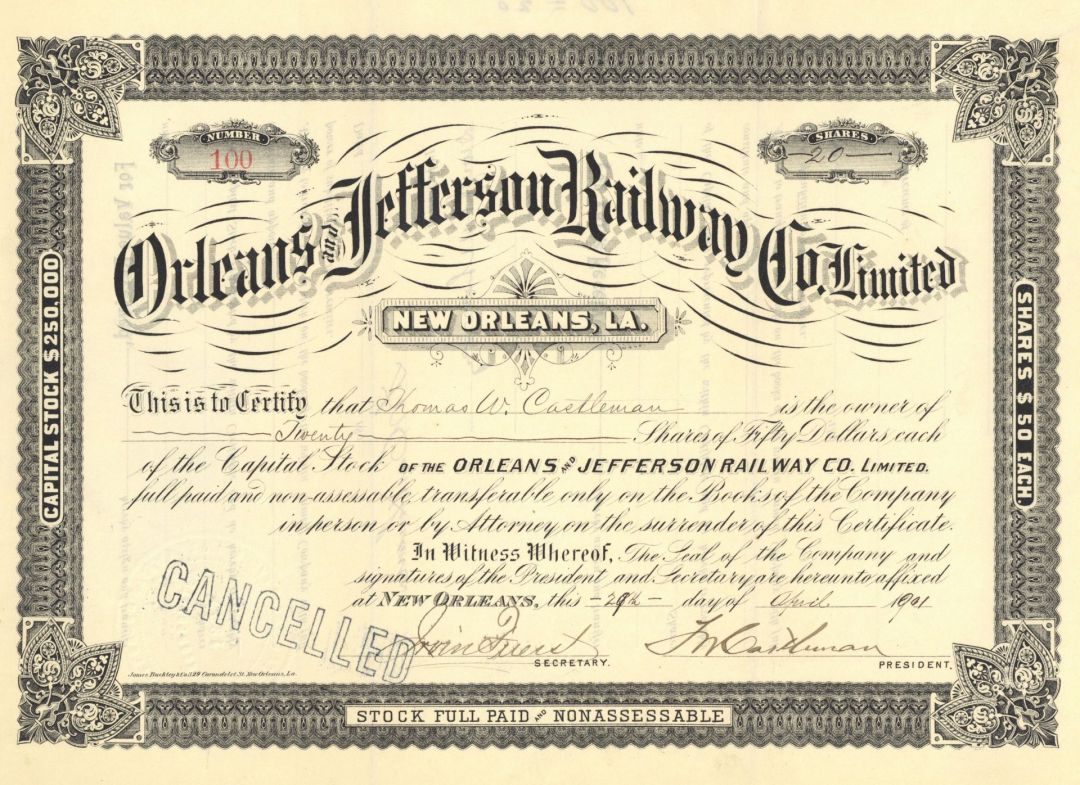 Orleans and Jefferson Railway Co. - 1901 dated New Orleans, Louisiana Railroad Stock Certificate - Unlisted Rail Certificate