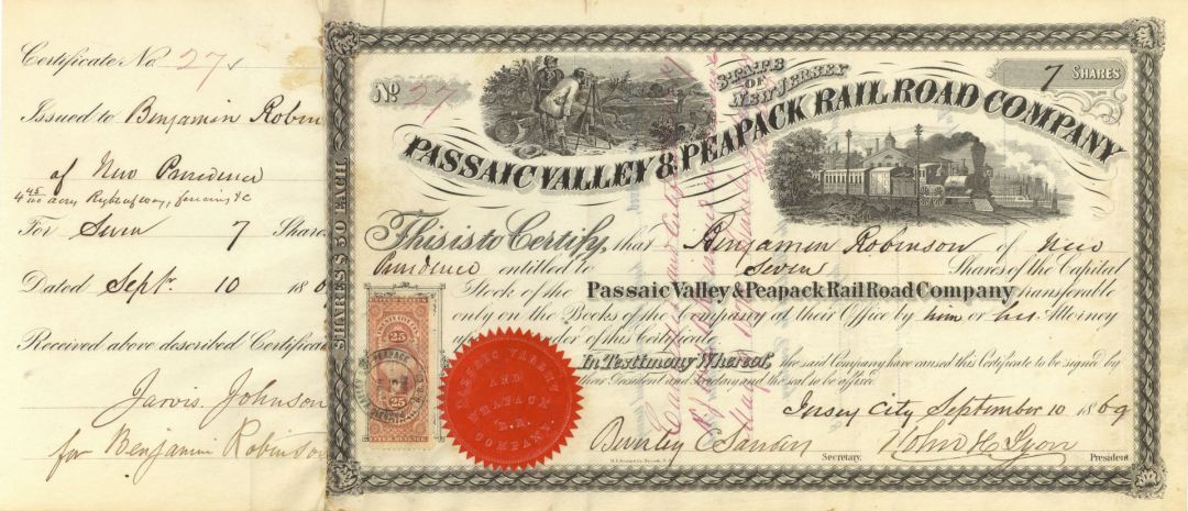 Passaic Valley and Peapack Railroad Co. - New Jersey Railway Stock Certificate