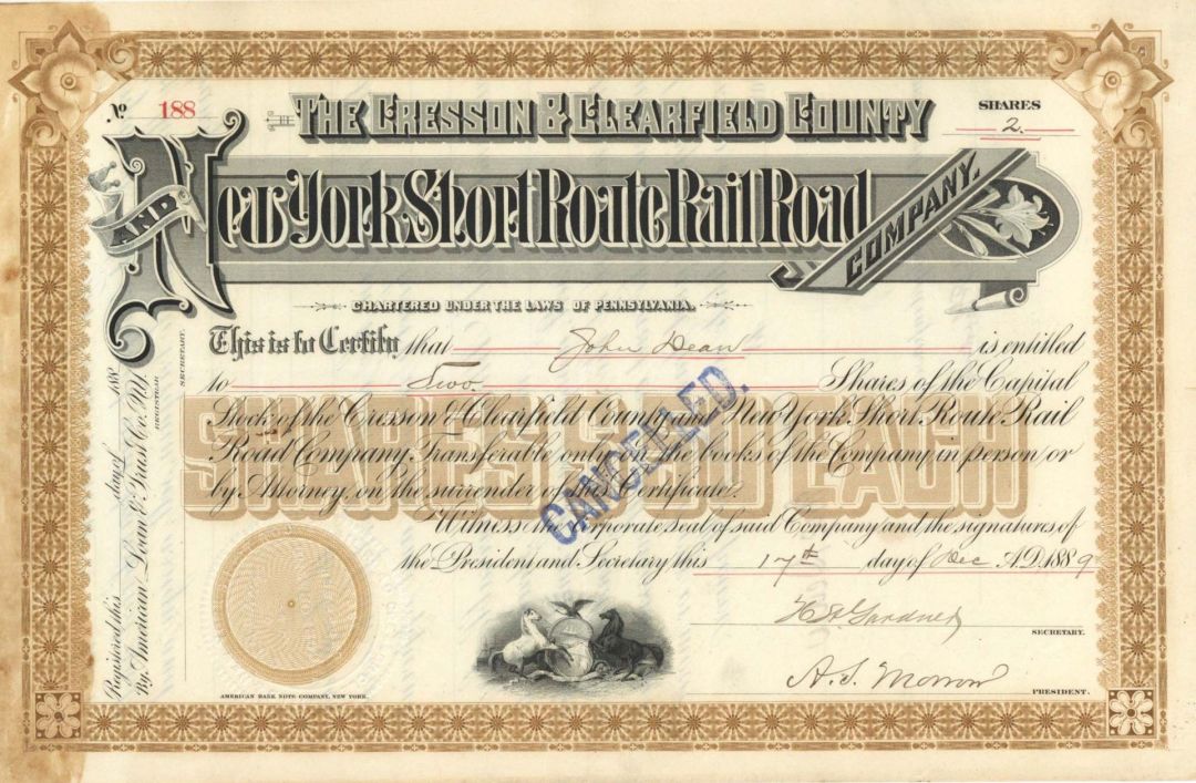 Cresson and Clearfield County and New York Short Route Railroad Co. - 1889 dated Stock Certificate