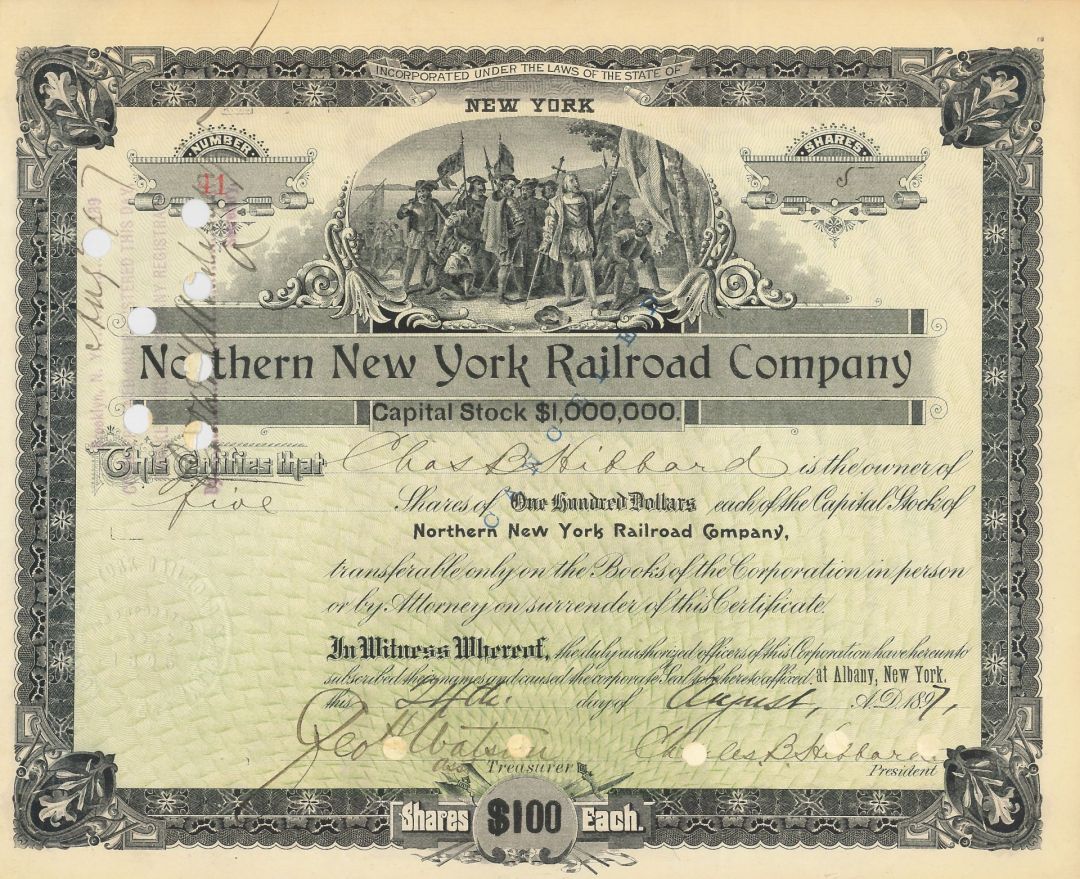 Northern New York Railroad Co. - 1895 dated Railway Stock Certificate - Columbus Landing Vignette