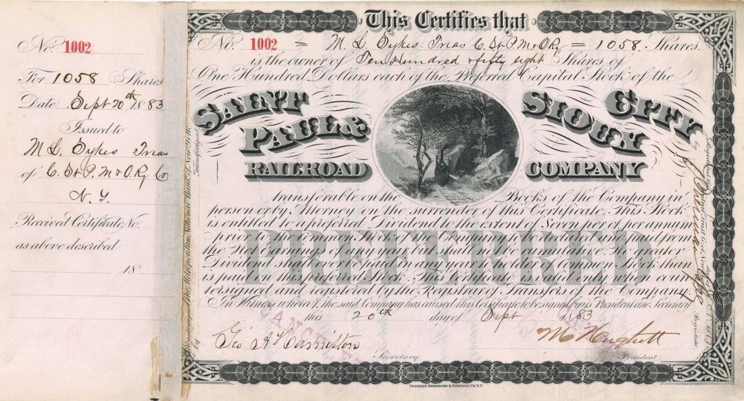 Saint Paul and Sioux City Railroad Co. - Railway Stock Certificate