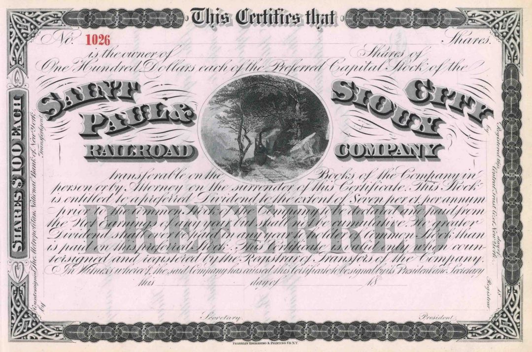 Saint Paul & Sioux Railroad - circa 1880's Unissued Railway Stock Certificate - Minnesota and Iowa