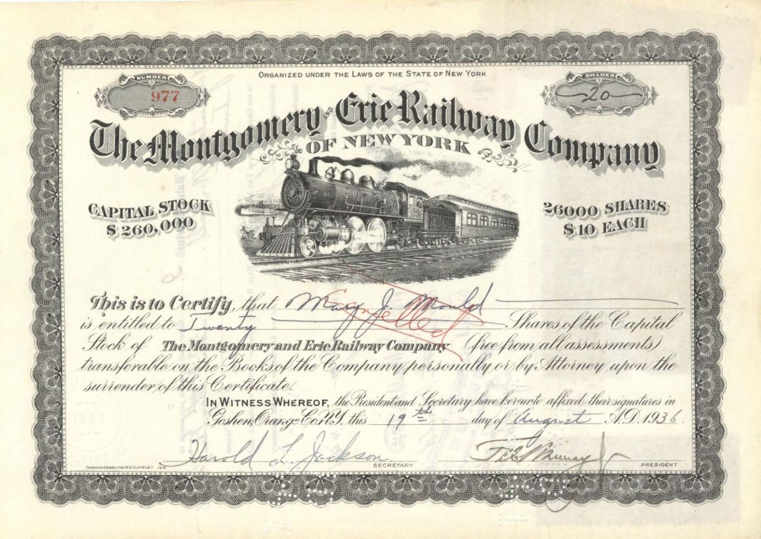 Montgomery and Erie Railway Co. - 1936 or 1955 dated Stock Certificate