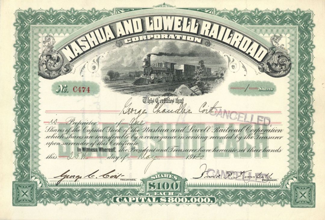Nashua and Lowell Railroad Corp. - 1911-1920 Stock Certificate
