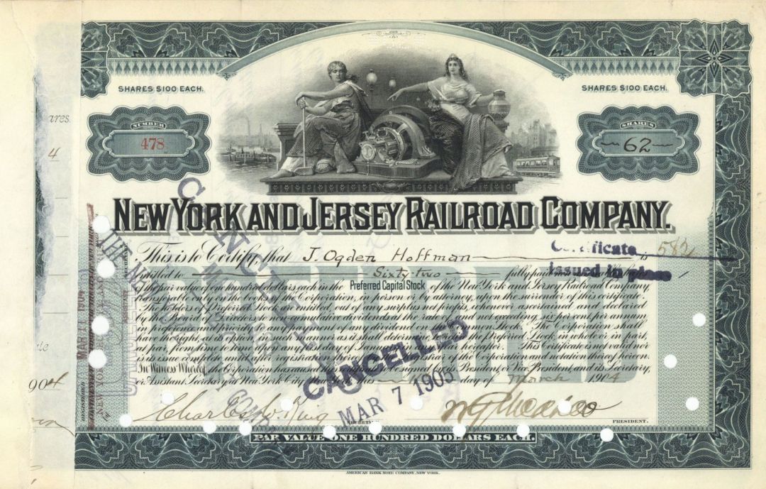 New York and Jersey Railroad Co. - 1902-1910 Stock Certificate