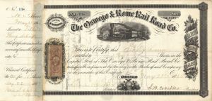 Oswego and Rome Railroad Co. - 1864-1902 dated New York Railway Stock Certificate