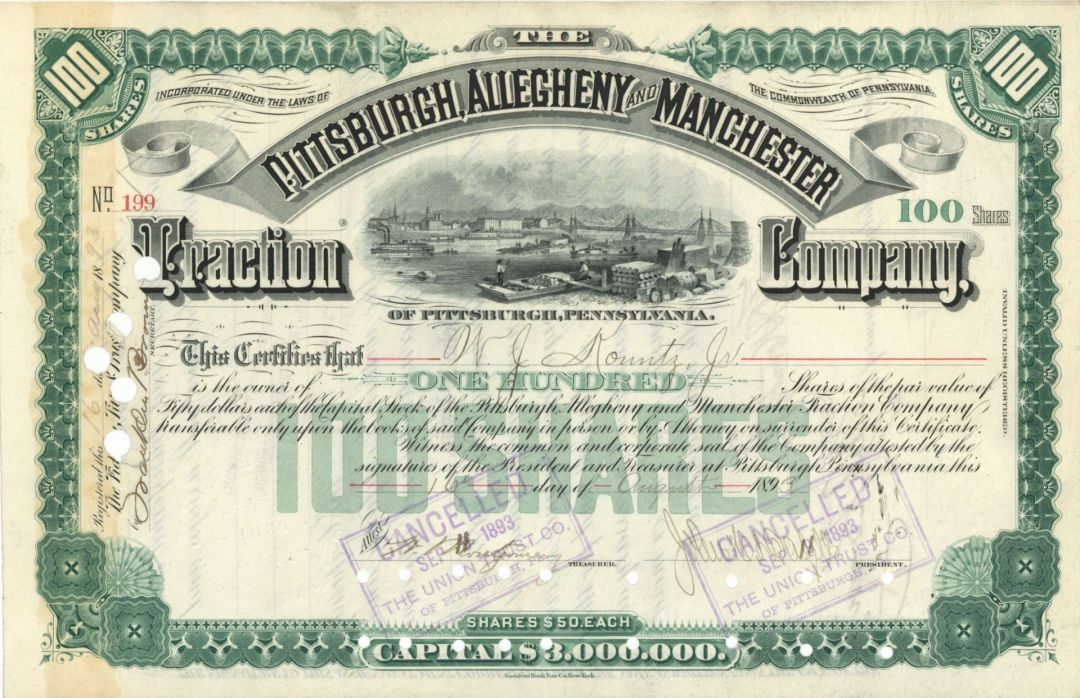 Pittsburgh, Allegheny and Manchester Traction Co. - 1893- 1896 dated Stock Certificate