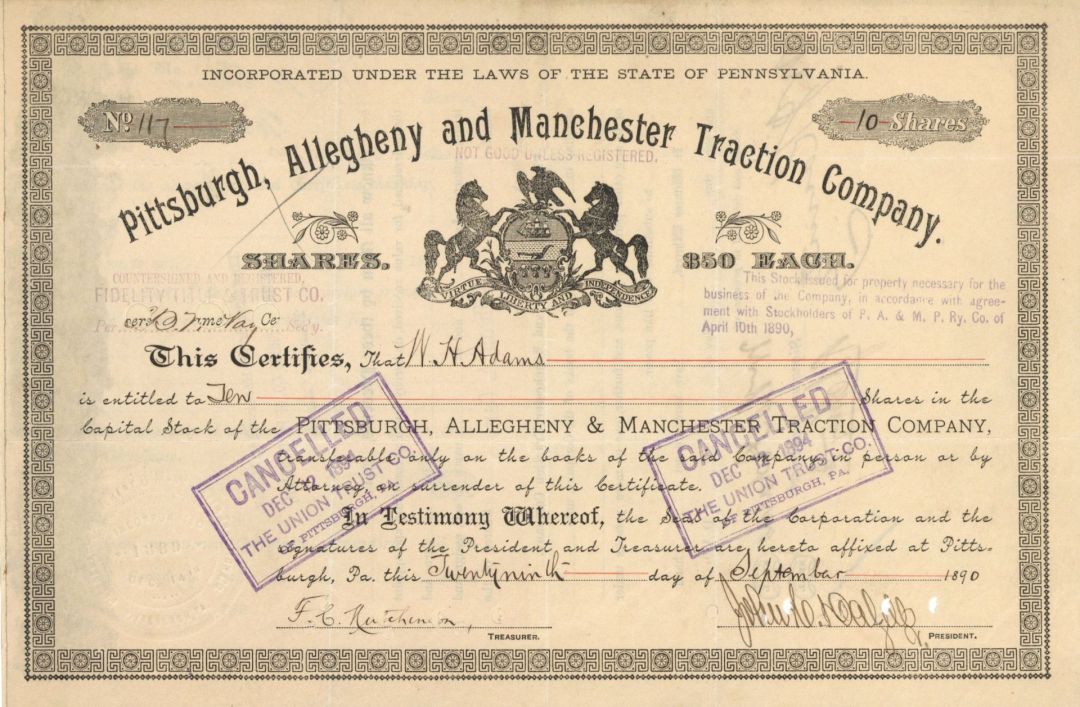 Pittsburgh, Allegheny and Manchester Traction Co. - 1890 or 1891 dated Stock Certificate