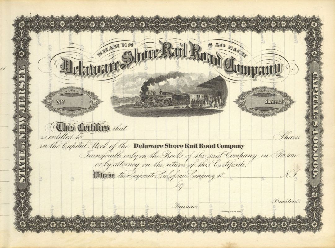 Delaware Shore Railroad Co. - 1870's dated Unissued Railway Stock Certificate