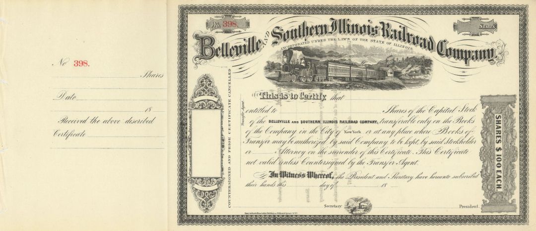 Belleville and Southern Illinois Railroad - Stock Certificate