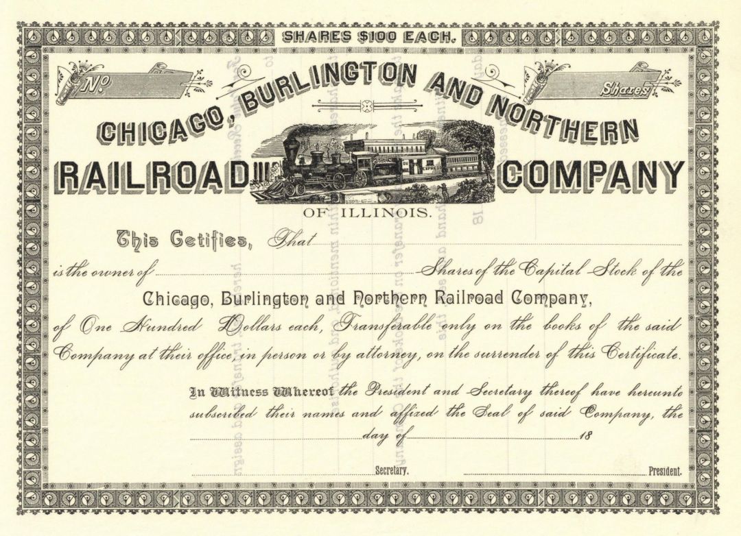 Chicago, Burlington and Northern Railroad Co. - Unissued Railway Stock Certificate