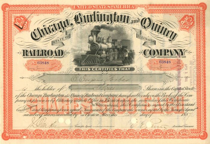 Chicago, Burlington and Quincy Railroad Co. issued to various Forbes - Stock Certificate