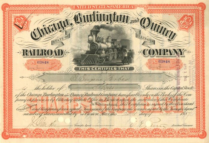 Chicago, Burlington and Quincy Railroad Co. issued to various "Forbes" - Stock Certificate