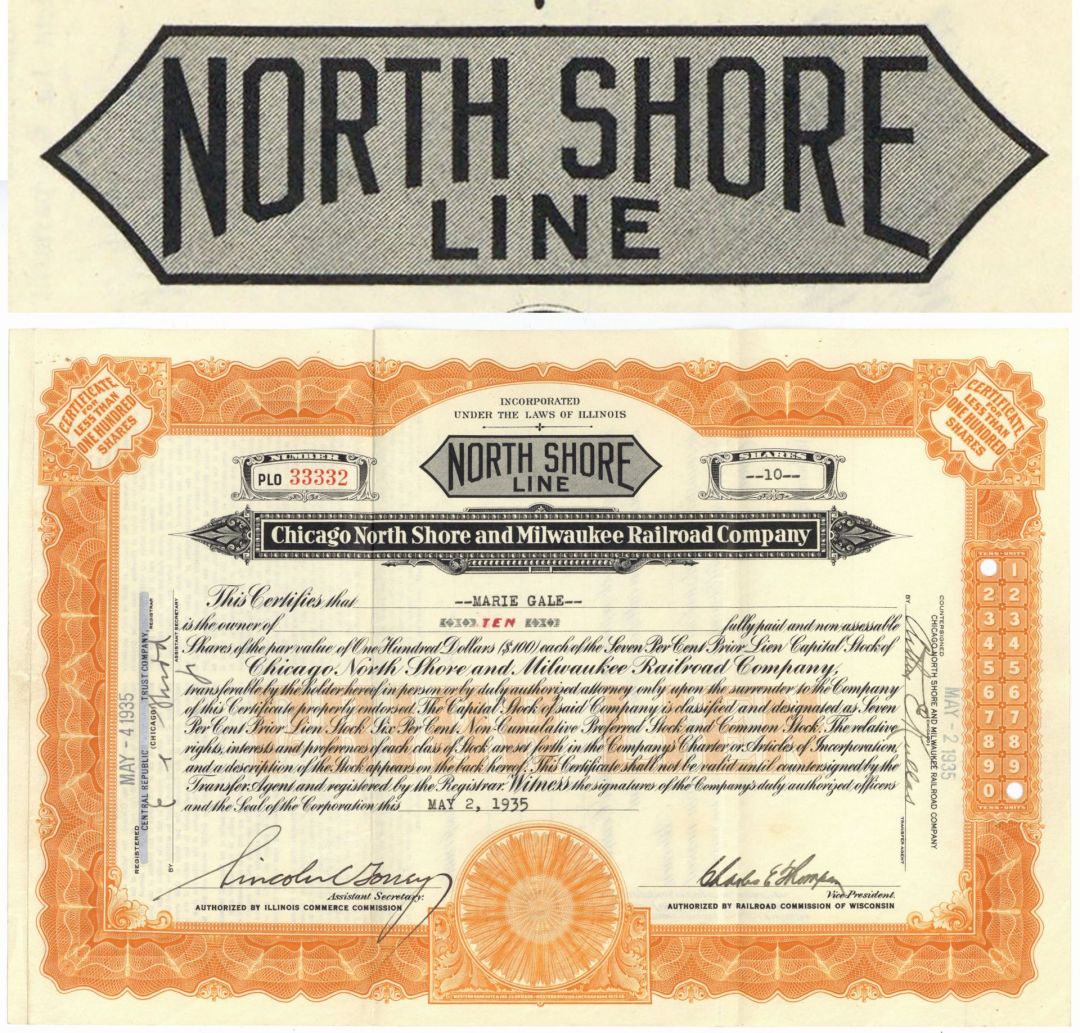 Chicago, North Shore and Milwaukee Railroad Co. - 1935 dated Illinois Railway Stock Certificate
